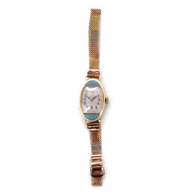 Lot 419 - Rolex - a lady's 18 carat yellow gold and enamel cocktail bracelet wristwatch.