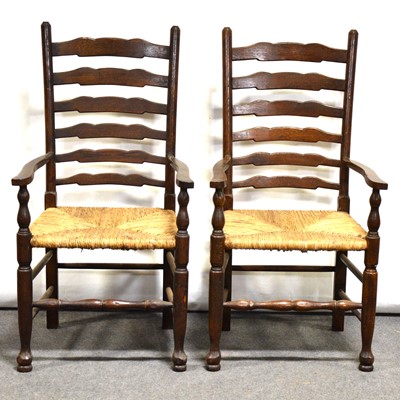 Lot 424 - Pair of Haselbech Oak ladderback elbow chairs