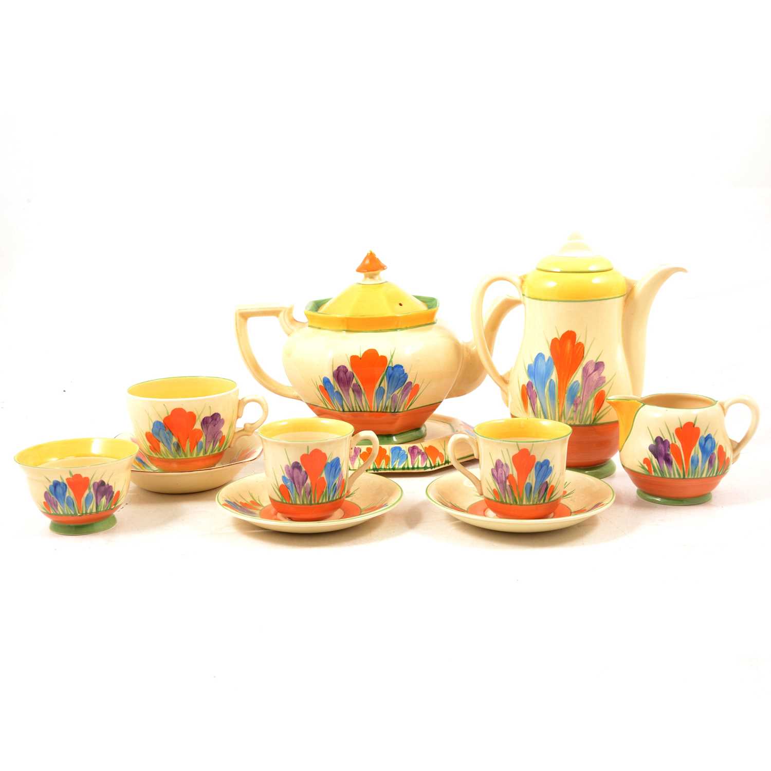 Lot 31 - Clarice Cliff, a collection of 'Crocus' pattern tea ware