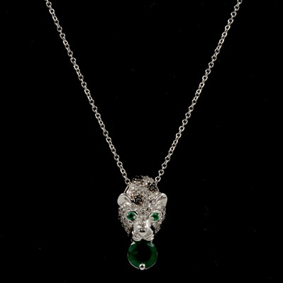 Lot 214 - Effy - a Signature Collection Panther design diamond, black diamond and emerald pendant and chain.