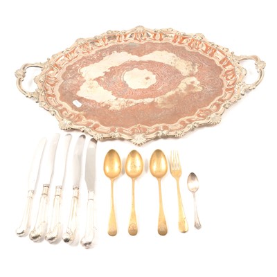 Lot 186 - Large silver plated copper tray, and some loose flatware