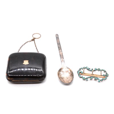 Lot 448 - A vintage tortoiseshell dance purse, turquoise buckle, and silver Christening spoon.