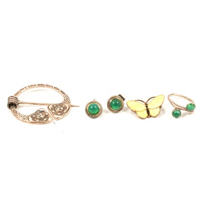 Lot 443 - A Norwegian yellow enamel butterfly brooch, green onyx ring and earclips, Celtic brooch.