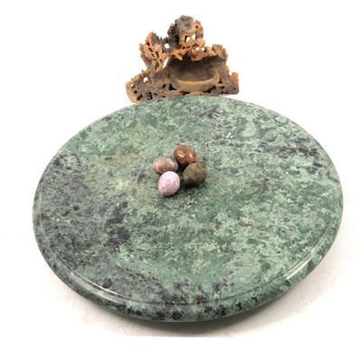 Lot 98 - Collection of miniature hardstone eggs, marble lazy-susan, enamelled dish, etc