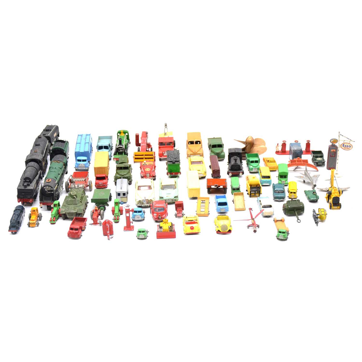 Lot 22 - A tray of die-cast model vehicles, with resin model locomotives