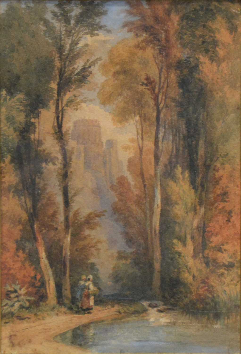 Lot 320 - Attributed to David Cox, Woodland clearing with castle in background