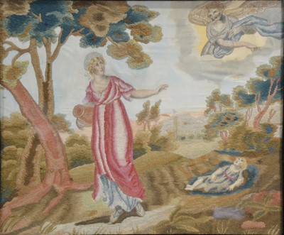 Lot 438 - Georgian needlework panel, Biblical scene of a Woman being visited by an Angel