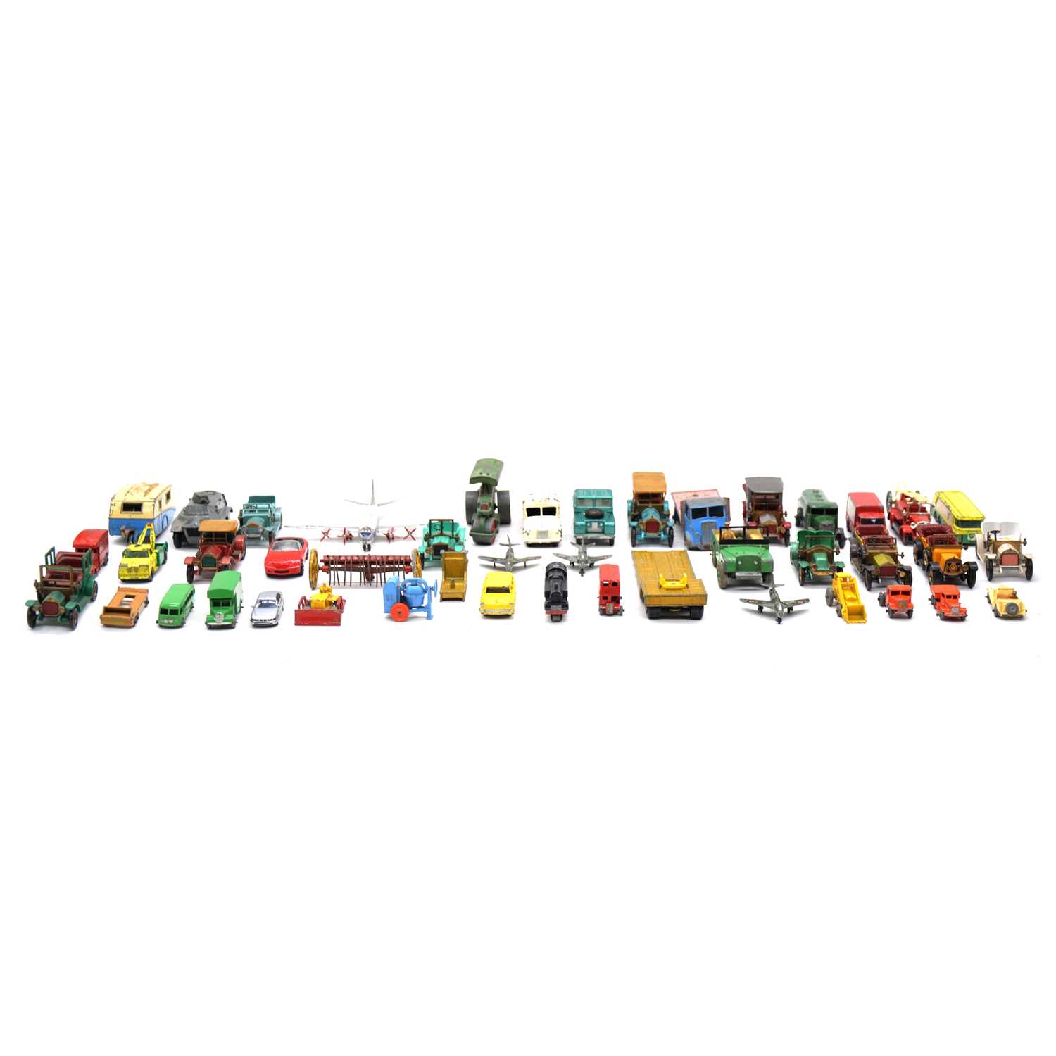 Lot 53 - Two trays of play worn die-cast model vehicles, including Matchbox, Dinky and others