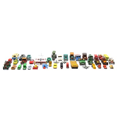Lot 53 - Two trays of play worn die-cast model vehicles, including Matchbox, Dinky and others