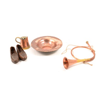 Lot 231 - Hugh Wallis copper bowl, other copper ware, and a pair of Lancashire children's shoes