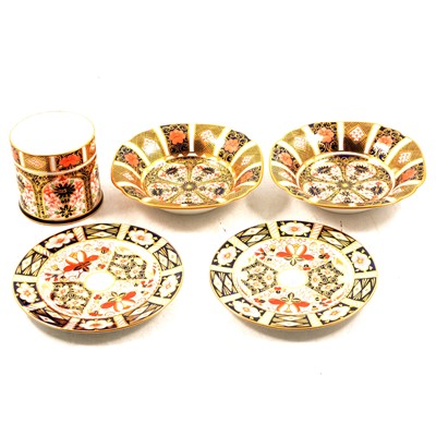 Lot 9 - Six Royal Crown Derby Imari pattern plates, two bowls and a cylindrical pot.
