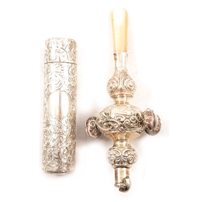 Lot 280 - Child's silver rattle, Crisford & Norris Ltd, Birmingham 1904, and Victorian silver scent bottle.