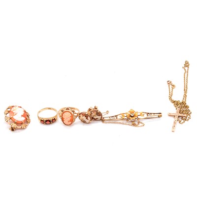 Lot 174 - A diamond and seed pearl bar brooch, gold cross and chain, garnet ring, and cameo jewellery.