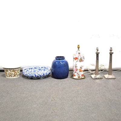 Lot 560 - Pair of plated metal lamp bases, ceramic lamp base, two vases and a bowl.