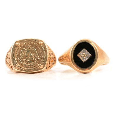 Lot 121 - A 9 carat gold diamond and onyx signet ring and a 9 carat gold Mexican coin ring.