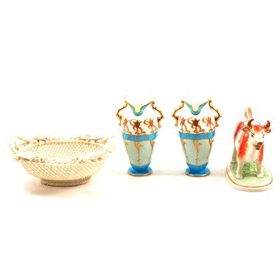 Lot 27 - Pair of Mintons Art Nouveau twin-handled vases, Belleek woven basket and Staffordshire cow creamer.