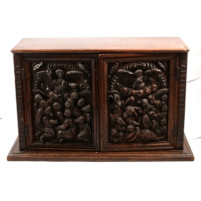 Lot 427 - Victorian carved oak small cupboard, and a barometer