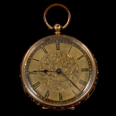 Lot 360 - A yellow metal open face pocket watch.