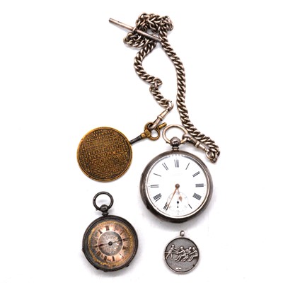 Lot 367 - Two silver open face pocket watches, a silver double Albert watch chain, medal and brass calendar.