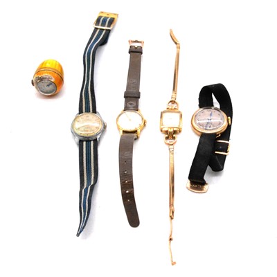 Lot 408 - Three ladies' yellow metal wristwatches, a vintage wristwatch, and a watch pendant.