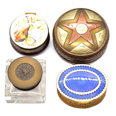 Lot 179 - Enamel powder box, Crummles enamel ox, ink bottle and circular metal box.