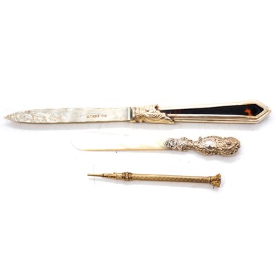 Lot 352 - Victorian yellow metal propelling pencil and two silver mounted letter knives