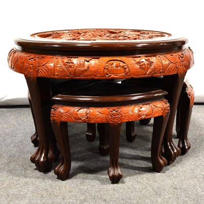 Lot 441 - Chinese carved wood table and four nesting stools.