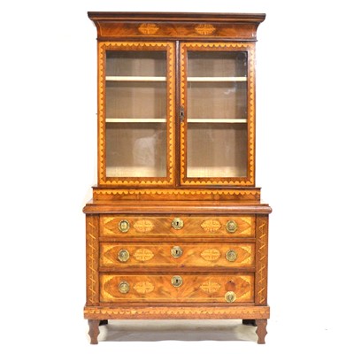 Lot 410 - Continental mahogany and marquetry small display cabinet on chest