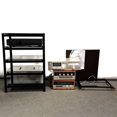 Lot 533 - Various audio amplifiers, units, and Mana Acoustics hi-fi and speaker stands