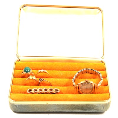 Lot 164 - Four gold dress rings, a bar brooch and vintage wristwatch.