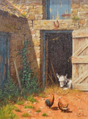 Lot 196 - Edward Hersey, Donkey and chickens in a yard