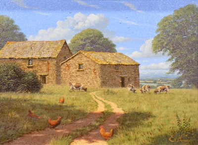 Lot 197 - Edward Hersey, Farm buildings with cattle and chickens