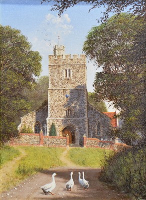 Lot 198 - Edward Hersey, Church with geese on a lane