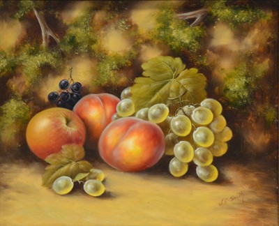 Lot 151 - John F Smith, Still life of fruit against a mossy bank, a pair