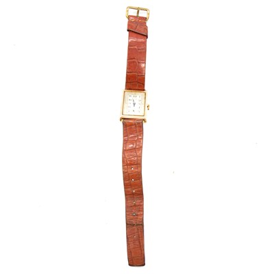 Lot 331 - Gent's 9 carat rose gold tank watch, by Luck, leather strap.