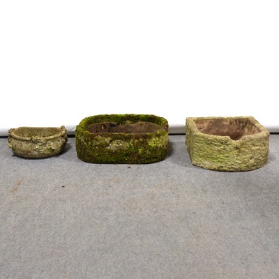 Lot 573 - Stone bowfront sink and two small stone planters.