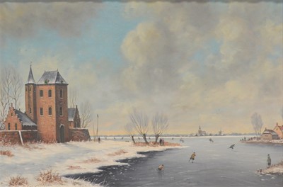 Lot 404 - Dutch school, J Schuiermann, Winter landscape with skaters on a pond