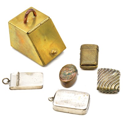 Lot 183 - Five vesta cases and a miniature brass coal scuttle