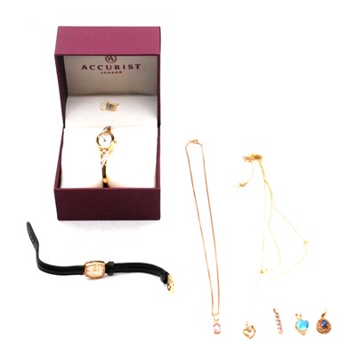 Lot 458 - Gemset pendants and chains, lady's 9 carat gold Accurist wristwatch, gold-plated watch