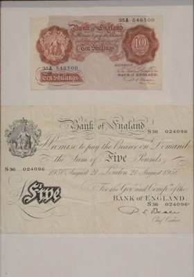 Lot 204 - Bank of England P S Beale White Five Pound Note and Ten Shillings Note.