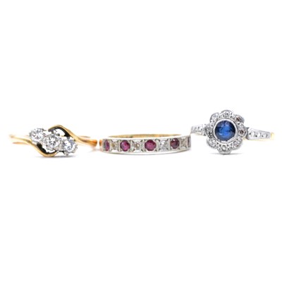 Lot 86 - Three gemset rings, diamond, sapphire, ruby.