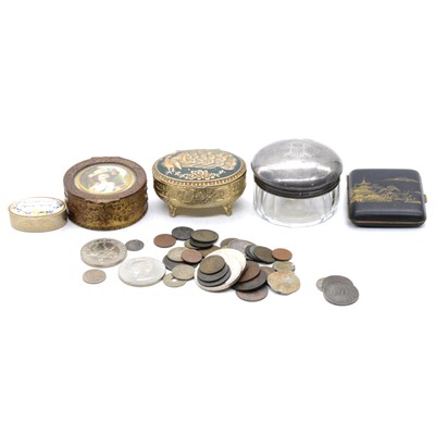 Lot 454 - Jewel boxes, silver topped jar, coinage, cufflinks and studs.