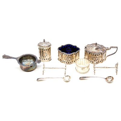 Lot 362 - Three-piece silver cruet set, Francis Howard Ltd, Birmingham 1961, and other small silver items.