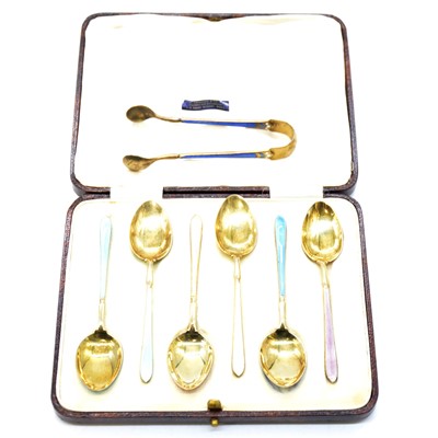 Lot 340 - Set of six silver and enamelled teaspoons, William Suckling Ltd, Birmingham 1929, and sugar tongs.