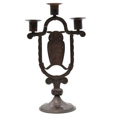 Lot 111 - A Goberg ( Hugo Berger), Viennese secessionist wrought iron three light owl candelabra.