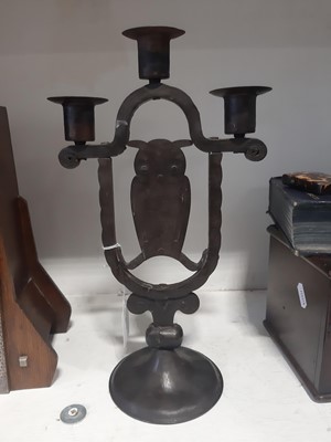 Lot 111 - A Goberg ( Hugo Berger), Viennese secessionist wrought iron three light owl candelabra.