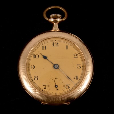 Lot 361 - A yellow metal open face pocket watch.