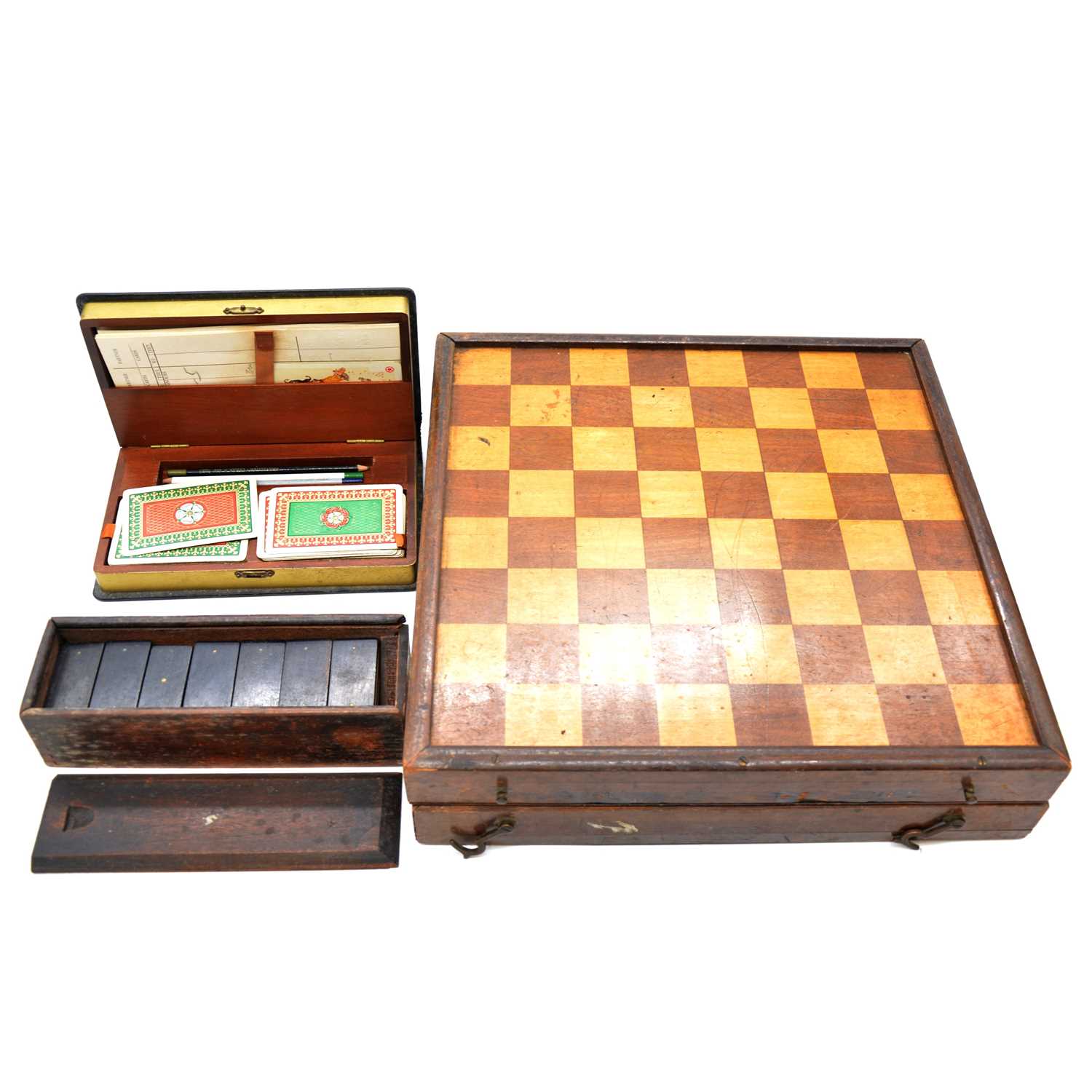 Lot 140 - Mahogany and boxwood folding chess/backgammon board, etc.