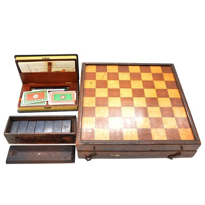 Lot 140 - Mahogany and boxwood folding chess/backgammon board, etc.