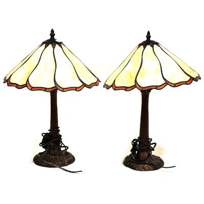 Lot 532 - A pair of Tiffany style table lamps, glass shades